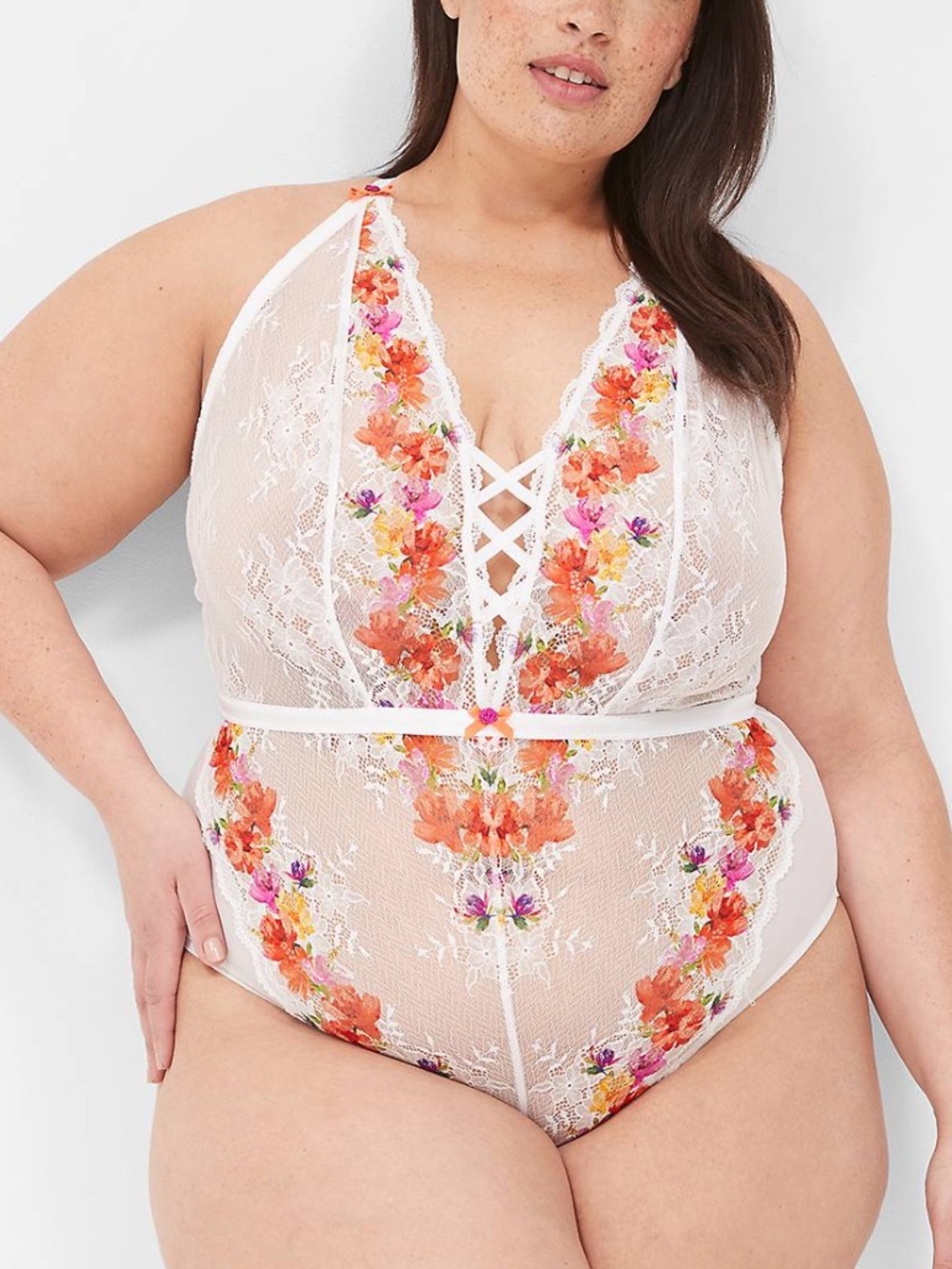 Cacique - Digital Print Floral Sheer Lace White Plunge Strappy Bodysuit 18/20 2X
